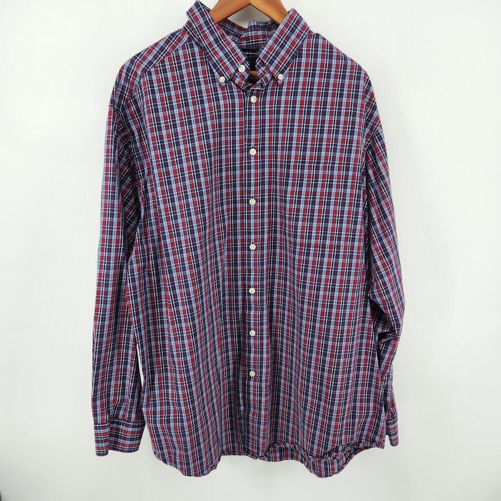Roundtree & York Men's 2XT Blue Red Plaid Cotton Long Sleeve Button